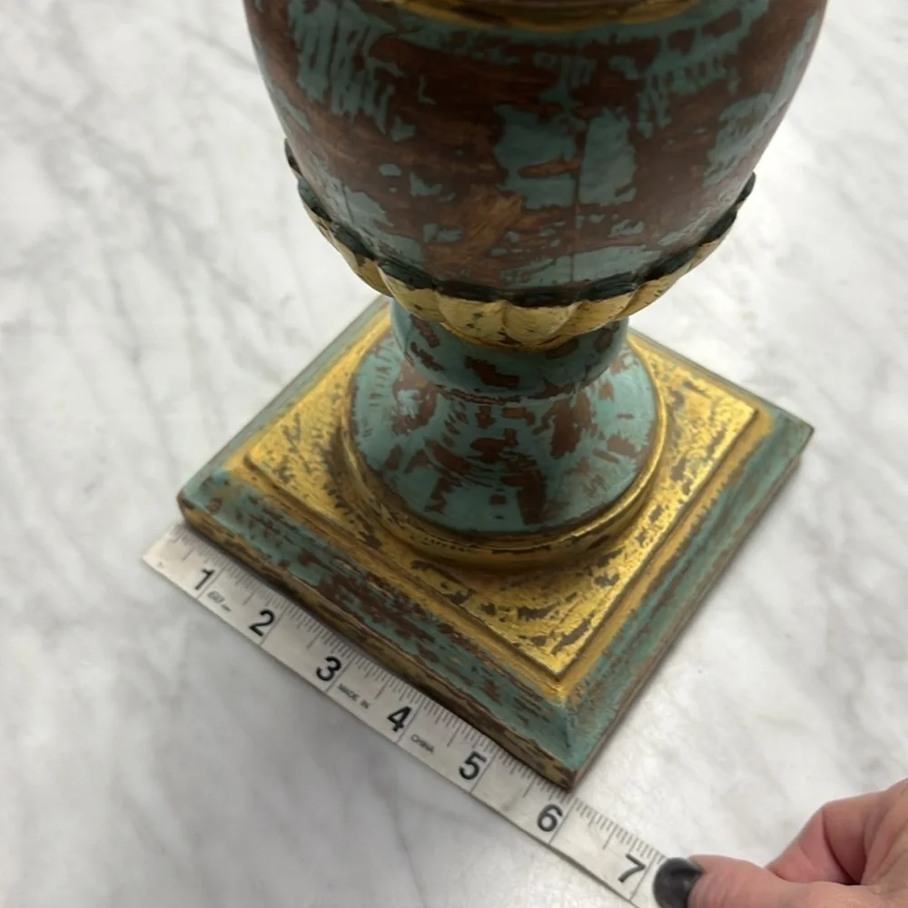 Pottery Barn Set of Two Gold and Teal Distressed Wooden Candle Holders